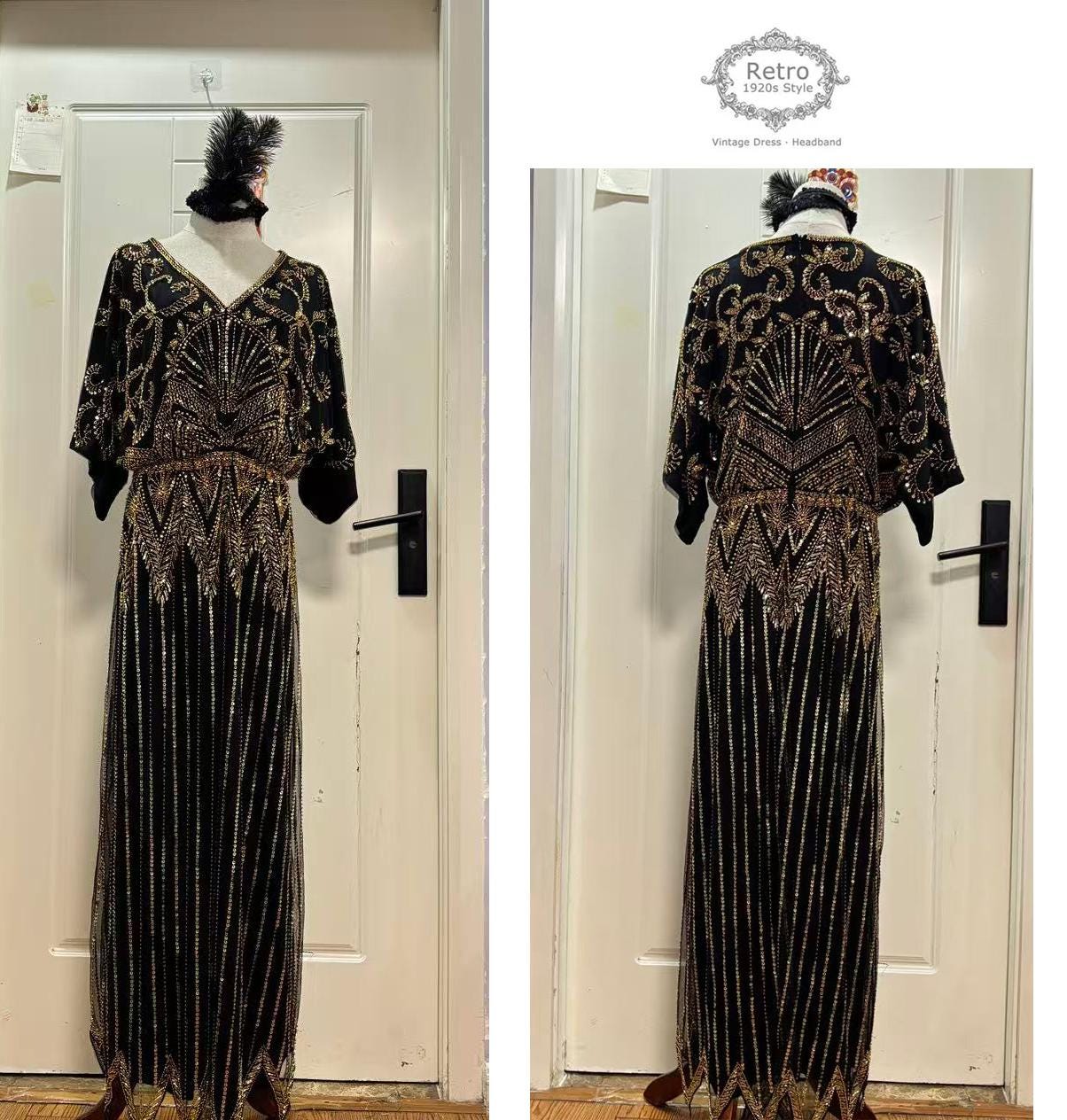 nightway beaded 1920s party evening maxi fishtail dress BABEYOND La Revue NèGre Beaded Hem Evening Gown, Evening Gowns, Black / Dark Gold