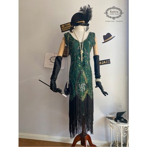 Green 20s Roaring Deco Gatsby Costume Flapper Dress Florl Fringed Bridesmaid Wedding Dress Sequin beaded Embroidered Charleston Downton Gown