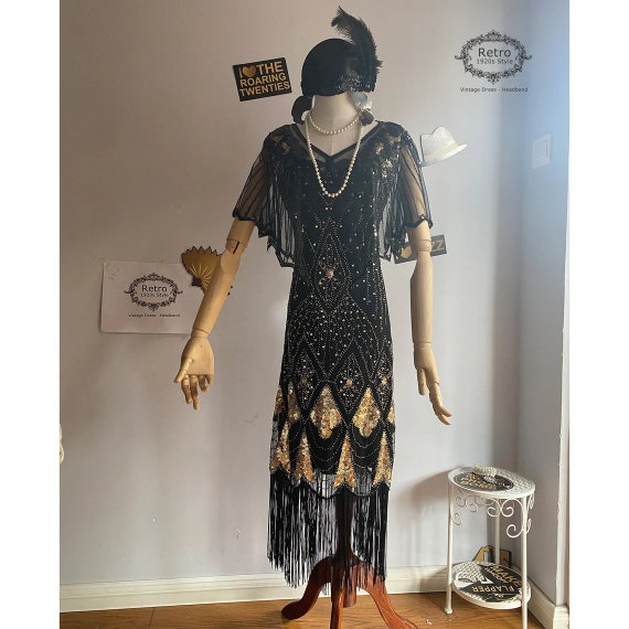Vintage 1920s Gold Sequined Flapper Dress, Gatsby Party Costume (Necklace, Headband)