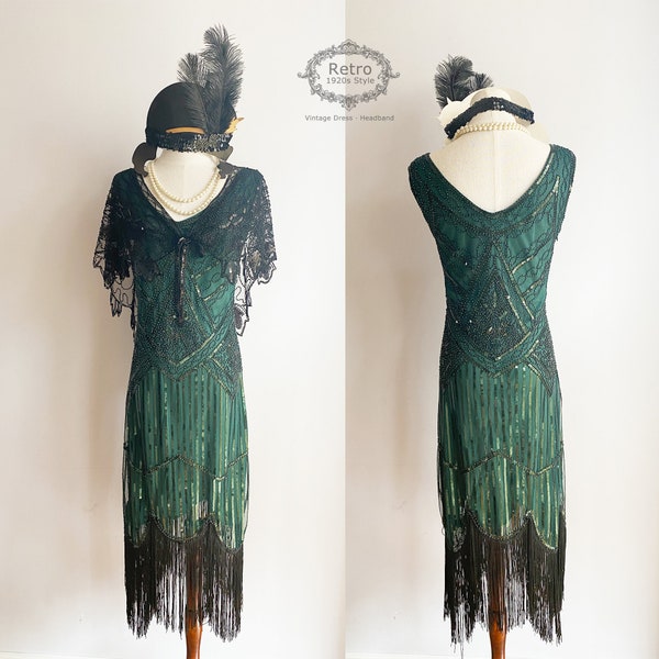 Robe cape perlée à paillettes Gatsby des années 1920, robe rugissante pour cocktail de mariage et franges (1 robe + 1 cape + 1 bandeau)