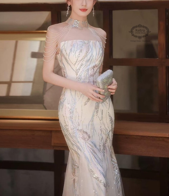 formal flapper dress 1920s Sequin Dress: light champagne Gatsby Evening Gown, Beaded Embroidery fabric:Tulle