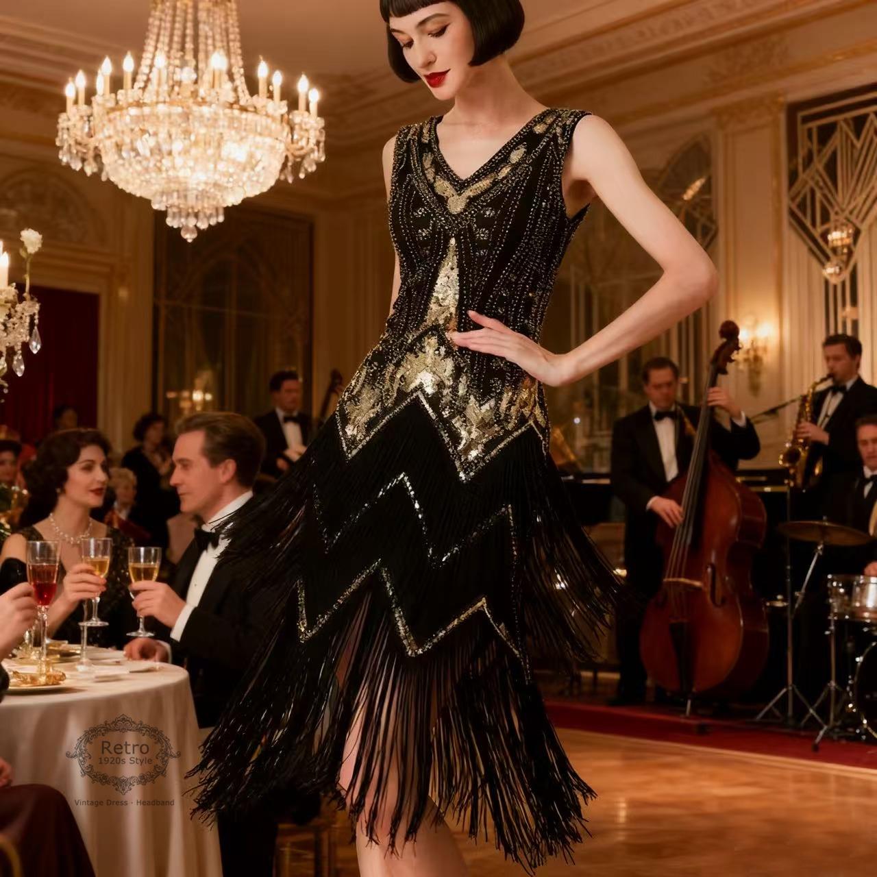 Deluxe Ladies 1920s Roaring Flapper Costume Dress – Sequin Gatsby Fancy Dress