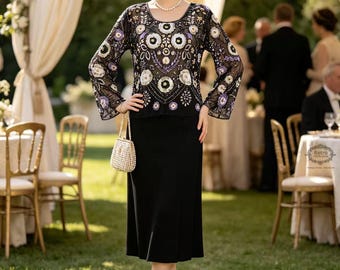 1920s Vintage Black Gold Sequin Lace Back Blouse Flapper Style Sheer Long Sleeve Top