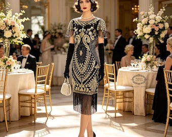 1920s Flapper Beaded Maxi Dress | Art Deco Great Gatsby Vintage Evening Gown Black Sparkly Fringe Party Dress