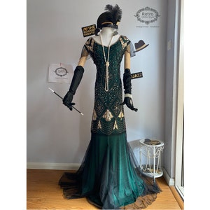 GREEEN GOLD Formal Evening Long Flapper Dress 1920s Gatsby Charleston Downton Sequin Mermaid Dress For Party 20s Bridal Wedding Dress