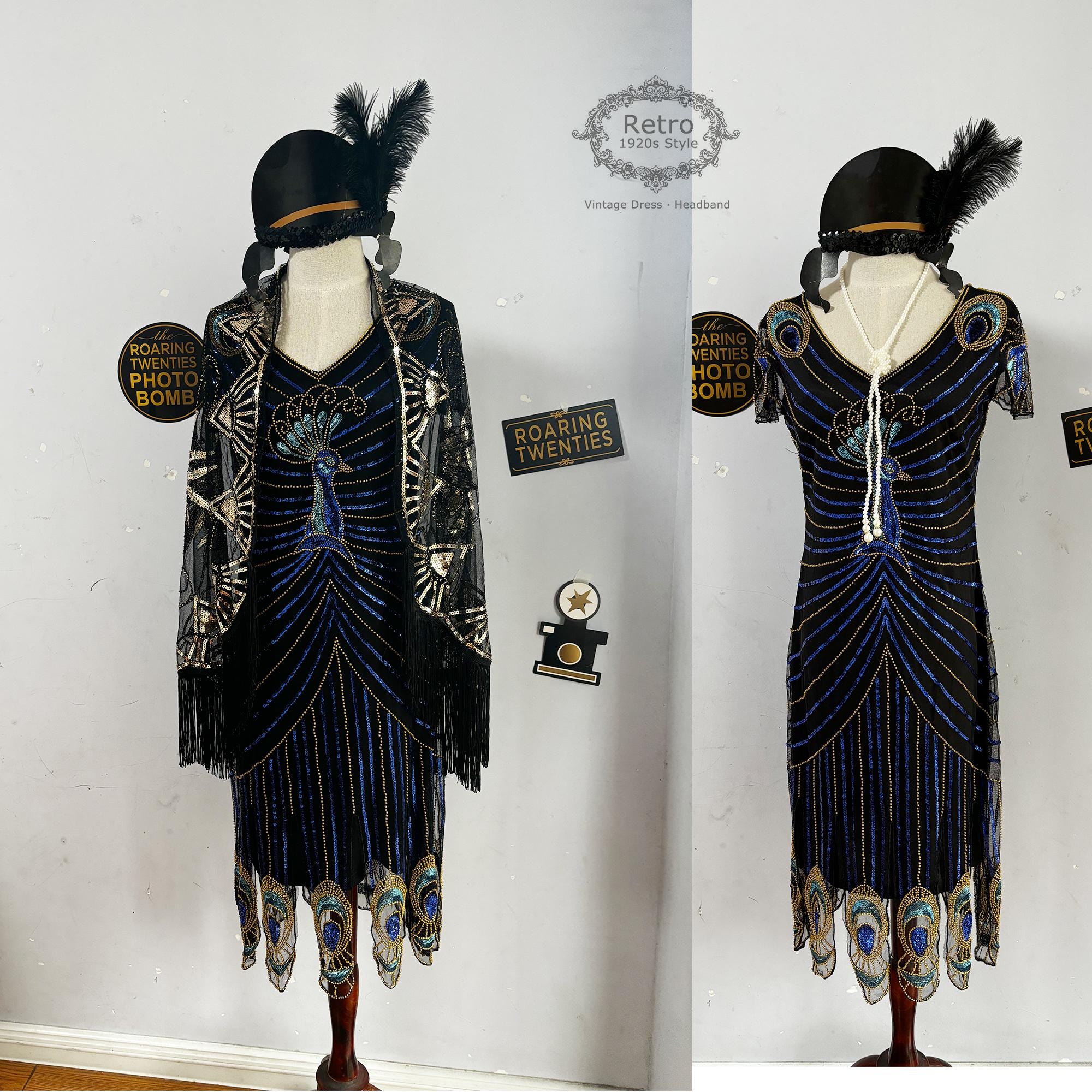 3PC S-2XL Roaring 1920s Gatsby Costume Flapper Dress Fringed Short Dress Sequin Embroidered Peacock Gown & Shawl(1 Dress,1 Shawl,1 Headband)
