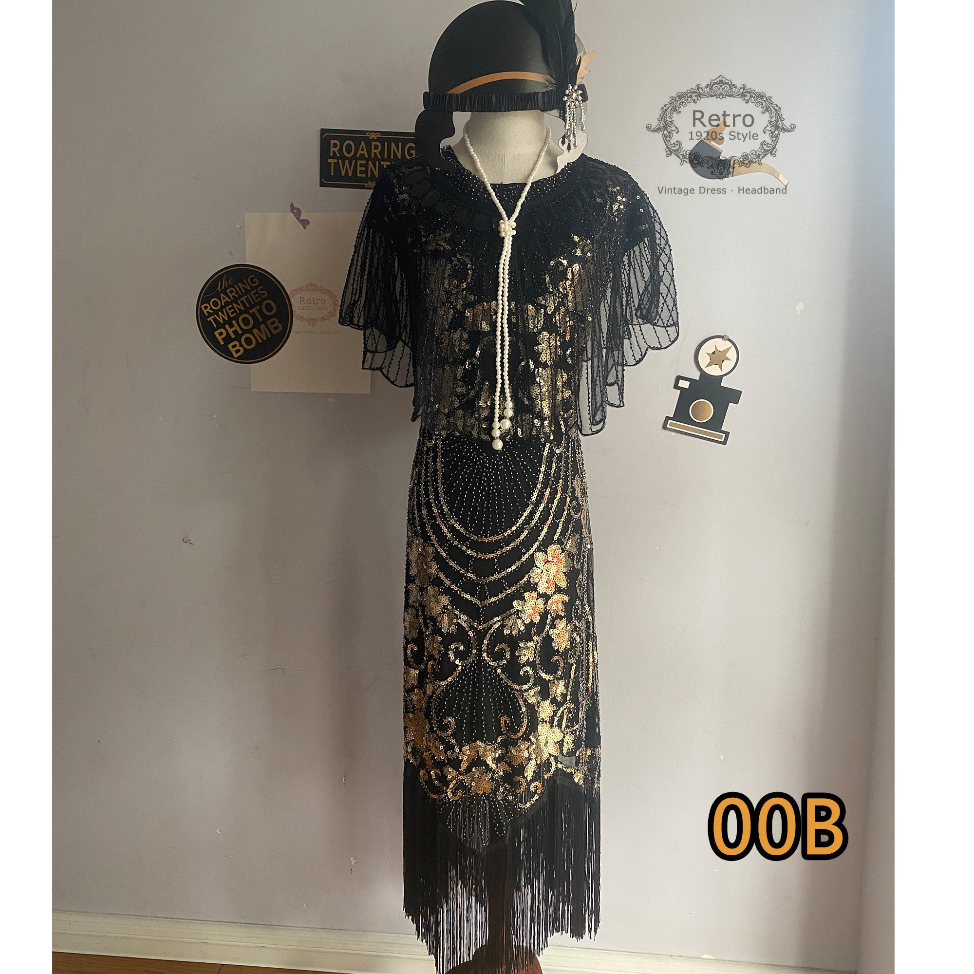 3PC S-4XL Roaring 1920s Women Gatsby Costume Flapper Dress Fringed Dress Sequins beaded Embroidered Gown & Shawl(1 Dress,1 Shawl,1 Headband)