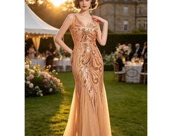 1920s Gatsby Flapper Dress: Beaded Sequin Embroidered Evening Gown
