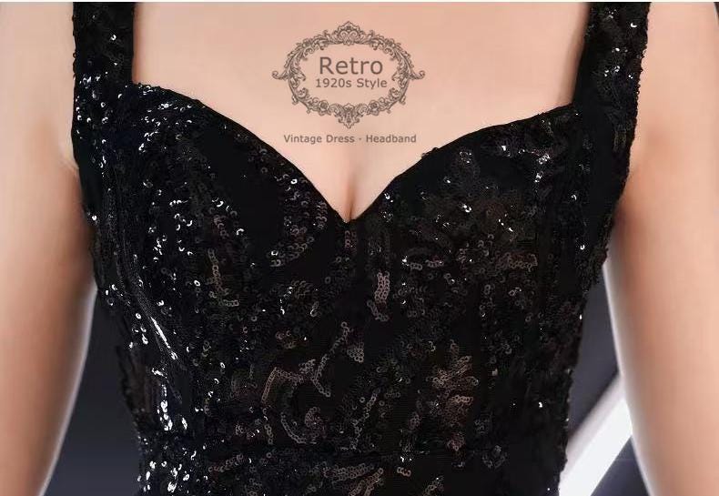navy blue dress for baby girl Zapaka Women Black Golden Long 1920s Dress with Slit Mermaid One Shoulder Sequins Beaded Gatsby Dress, Black Golden / M main image 0