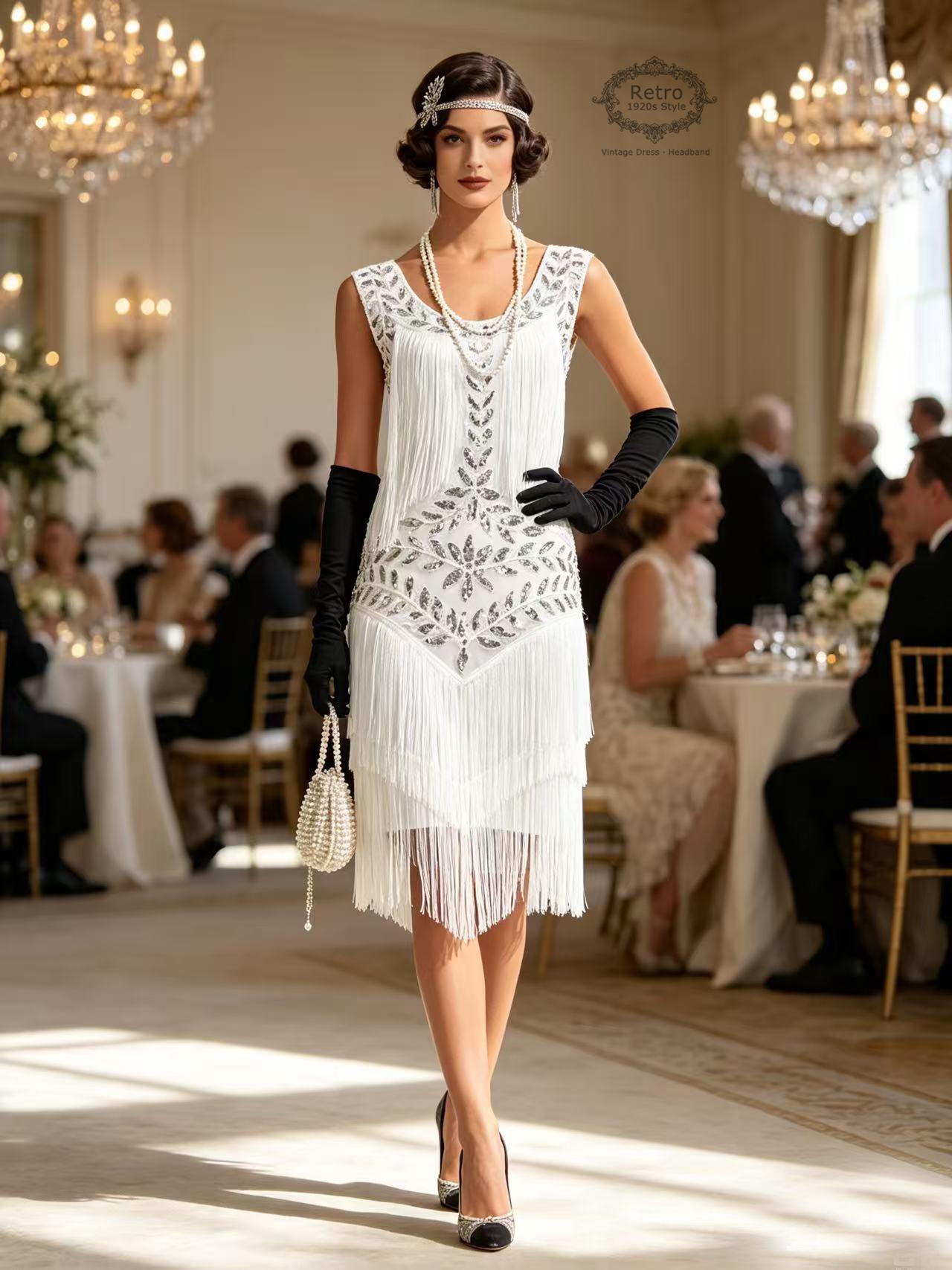 white beaded flapper dress 1920s Gatsby Dress: Sequin Embroidered Evening Gown The white fitted dress