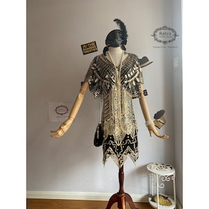 3PC 1920S Gatsby Beaded Sequins-Capelet Wedding Dress / Embellished-Sequined Musical Show Gown & Shawl (1 Dress, 1 Shawl,1 Headband )S-2XL