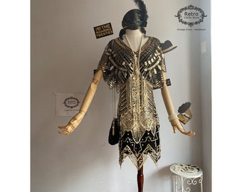 3PC 1920S Gatsby Beaded Sequins-Capelet Wedding Dress / Embellished-Sequined Musical Show Gown & Shawl (1 Dress, 1 Shawl,1 Headband )S-2XL