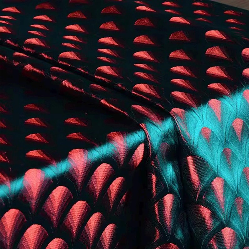 Teal Red Scale Pattern Brocade Fabric, Textile for Fashion & Home Decor ...