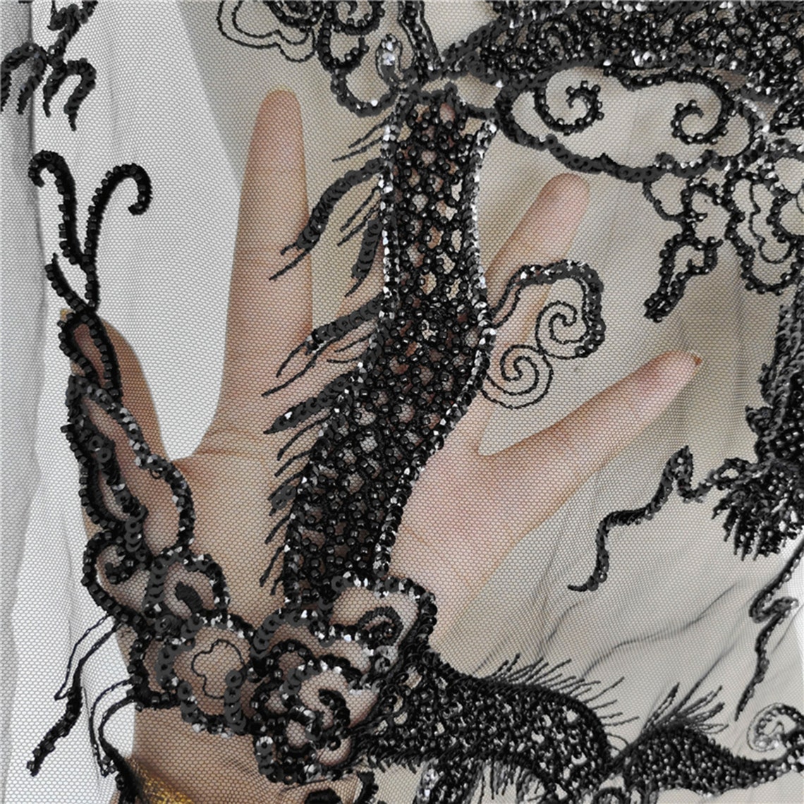 Black Lace Applique Dragon Lace Applique Floral With Sequins Etsy UK