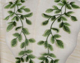 Elegant Green Tree Leaves Organza Lace Flower Applique DIY Headscarf Veil Dress Stage Performance Clothing Accessories Mirror Pair