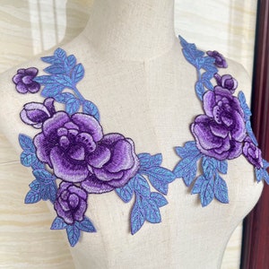 Purple Floral Embroidered Lace Applique - Wedding Dress Decoration (1 Pair)