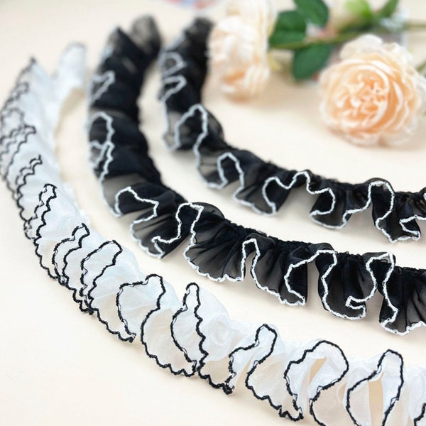 4cm Organza Ruffled Lace Trims Retro black and white lace transparent folded pleated yarn Sold by the Yard