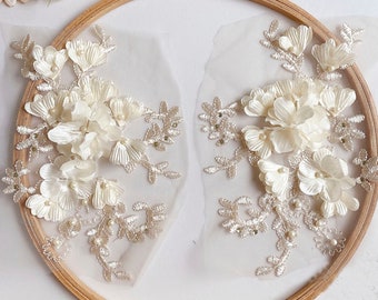 3D Beaded Flower Lace Applique: DIY Wedding Dress Accessory (1 Pair)