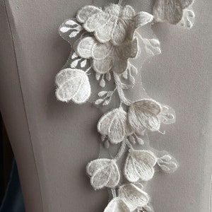 Peut inclure: Garniture de dentelle florale blanche avec de délicates fleurs brodées. La dentelle est sur un fond de tulle transparent.