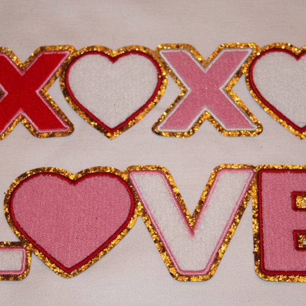 Valentine's Day chenille iron on patch, XOXO chenille iron on patches, LOVE patches for shirts, Chenille Iron On Patches