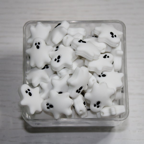 Ghost Shaped Silicone Beads, Mini Ghost beads, Halloween Beads, Beads for crafting, Small White ghost beads with Black Eyes