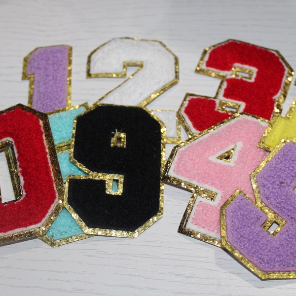 Chenille number patches for clothing; 3 inch number patches trimmed in gold, fashion iron on number embroidery
