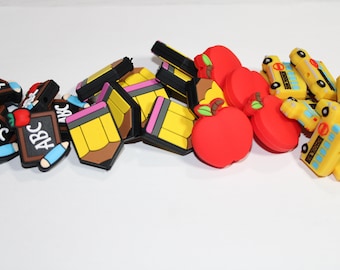 Conta de silicone com tema escolar, conta de silicone para ônibus escolar, conta de silicone para quadro-negro, conta para artesanato, contas de maçã, conta de silicone para lápis