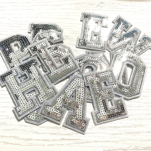 Silver Sequin letter patches for clothing; 2 inch letter patches, fashion iron on alphabet embroidery