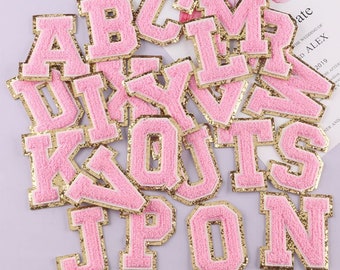 Petites lettres en chenille de 2 pouces pour vêtements ; Empiècements lettres de 5,3 à 5,5 cm avec bordure dorée, broderie tendance alphabet au fer