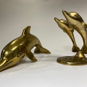Vintage Brass Dolphins Couple Pair Statue, Mid Century, Nautical Home Decor 6&quot;