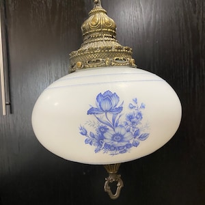 Vintage Swag Lamp Victorian, Milk White and Blue, Light Hanging, Plug In Globe, Lamp