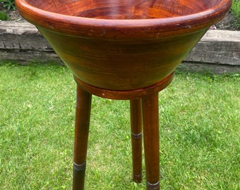 Large Wooden Salad Bowl on Legs – 31&quot; Tall, Dark Wood, Vintage Decor, Small Crack