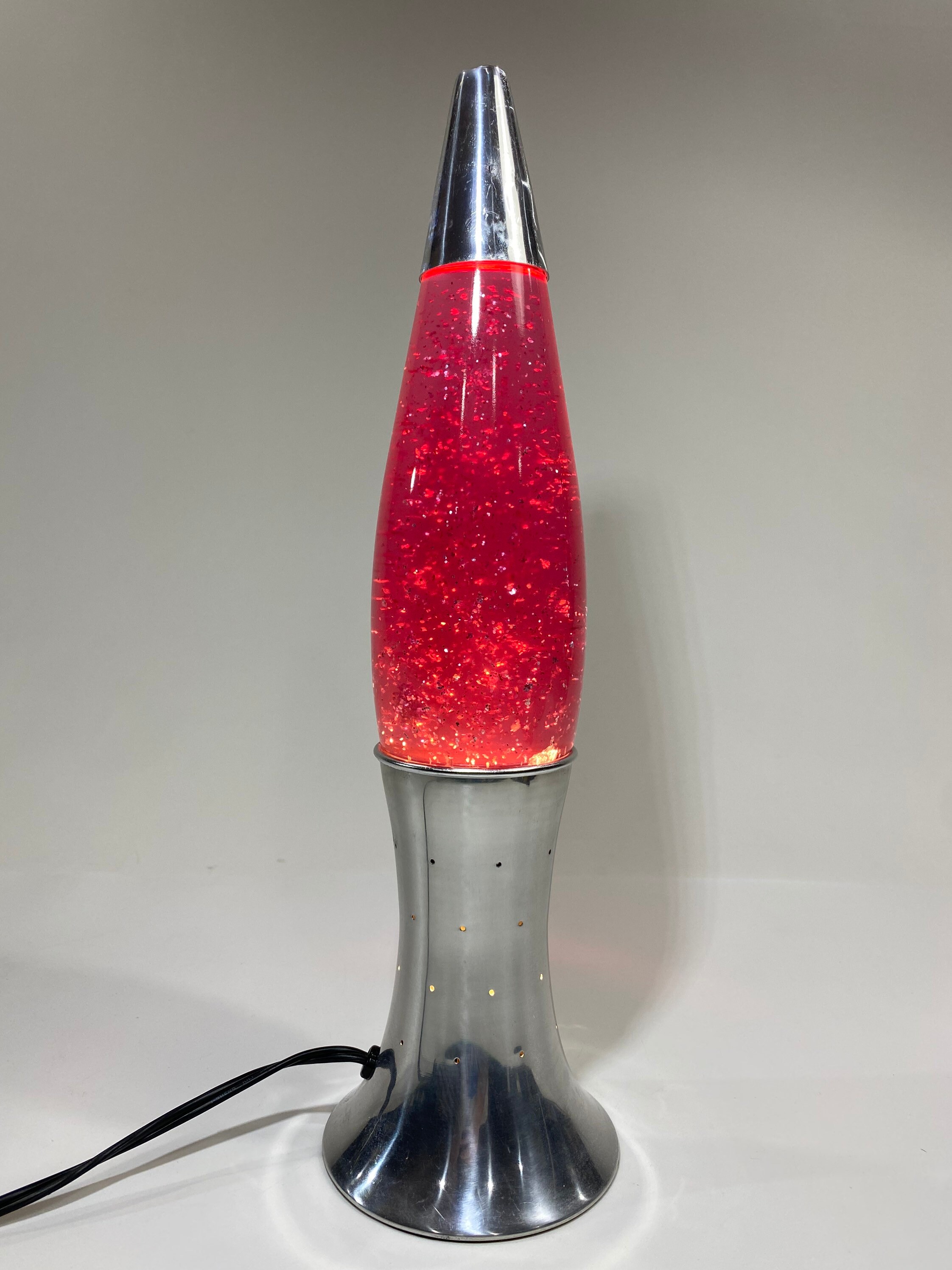 Red pink Glitter Lava Lamp Star Lit Chrome Silver Base 1990 s