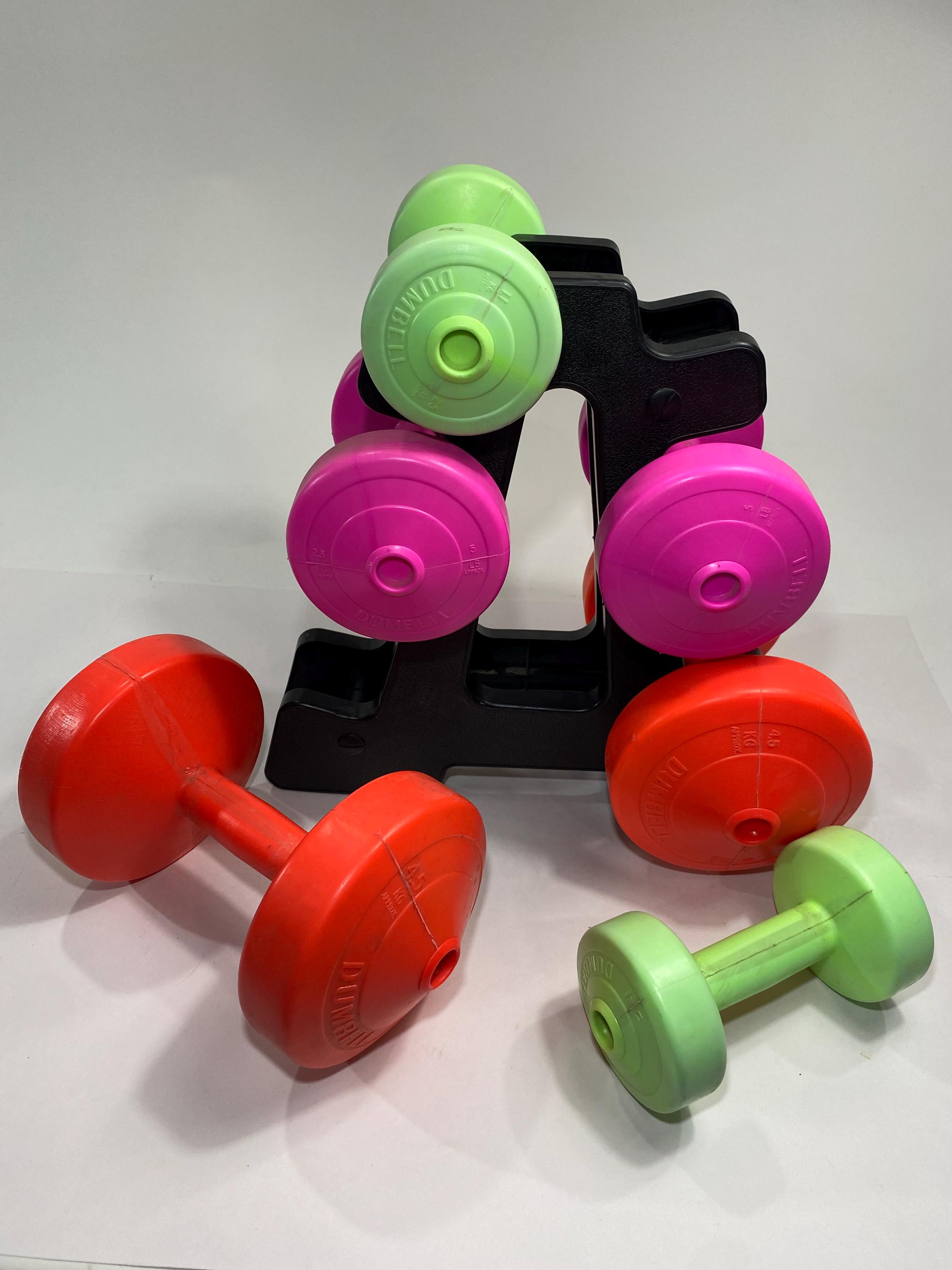 1980s Plastic Dumbbell Set Pastel Neon Colors With Rack, MCM