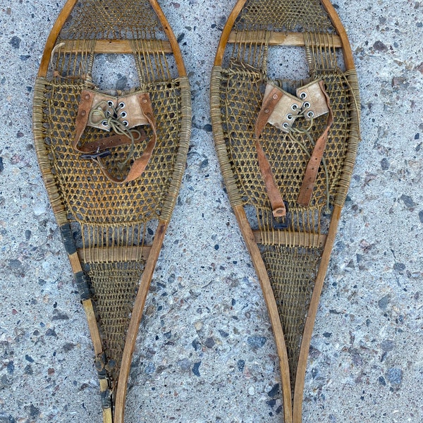 Vintage Wooden Snowshoes Set Rawhide Rustic Cabin Man Cave Decor  Traditional Canadian Winter Sports Wall Art