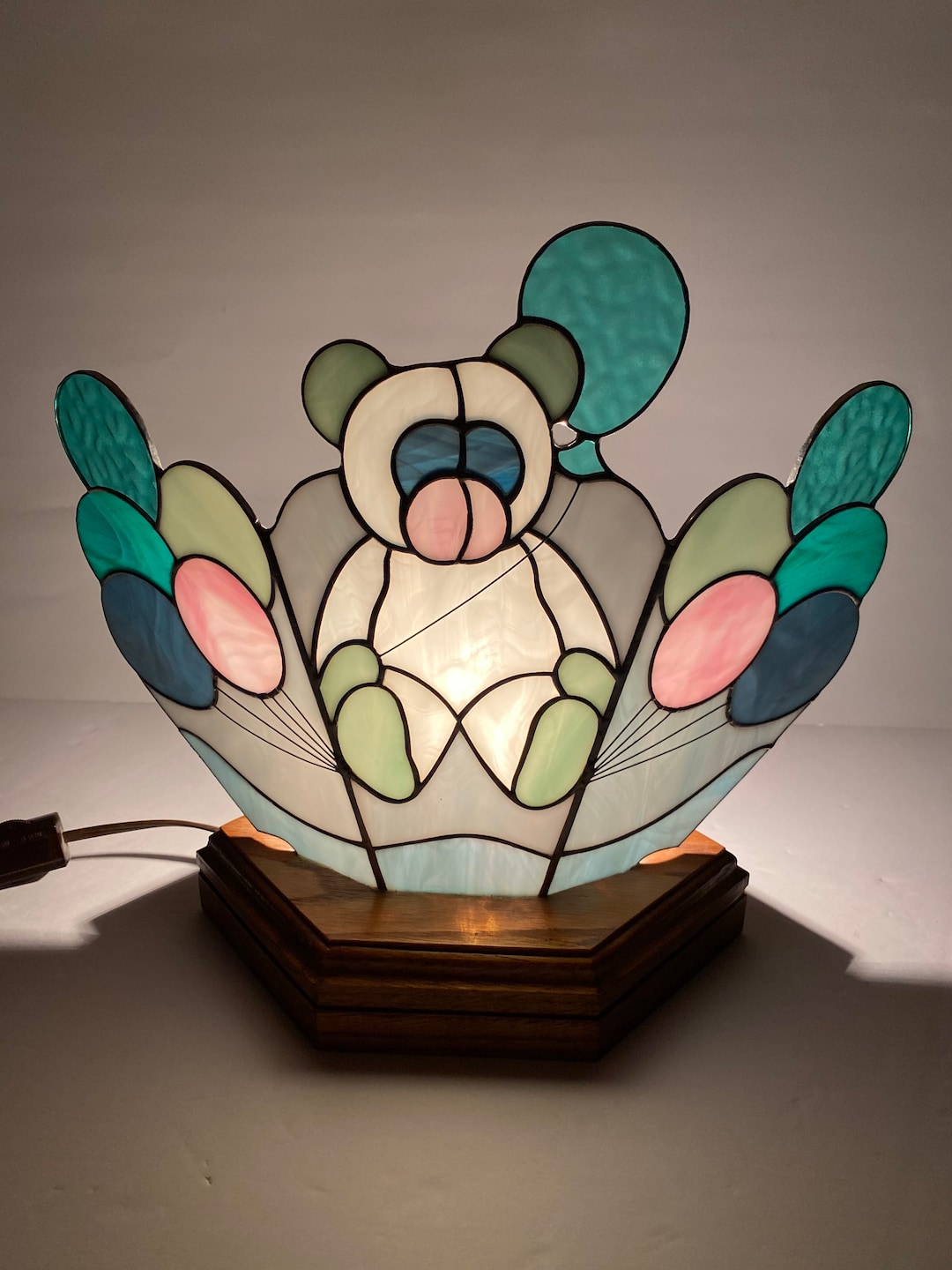 Vintage Stainedglass Panda Bear Table Lamp Blue Pink Teal Pastel Colors Etsy