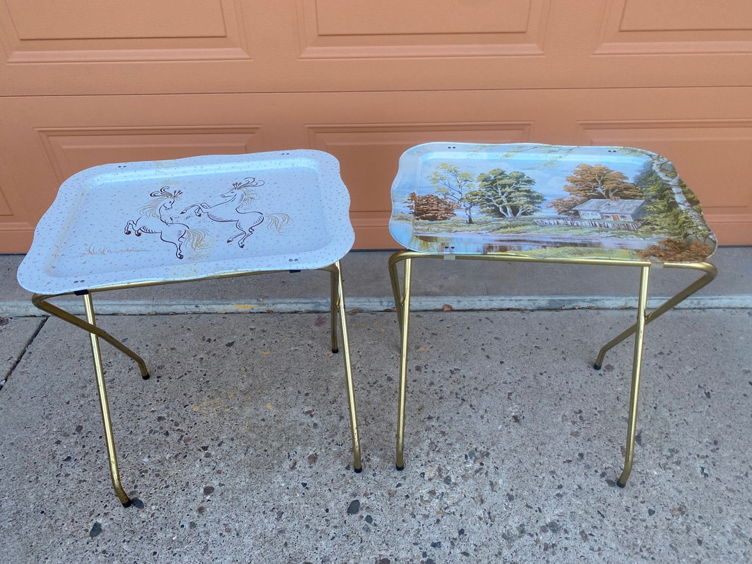 Set of 2 Folding TV Tray Metal Snack Tables Vintage White Etsy