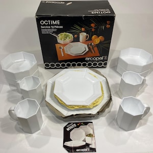 Arcopal Octime White Dinnerware Set 16 Piece NOS France Plates Bowls Mugs