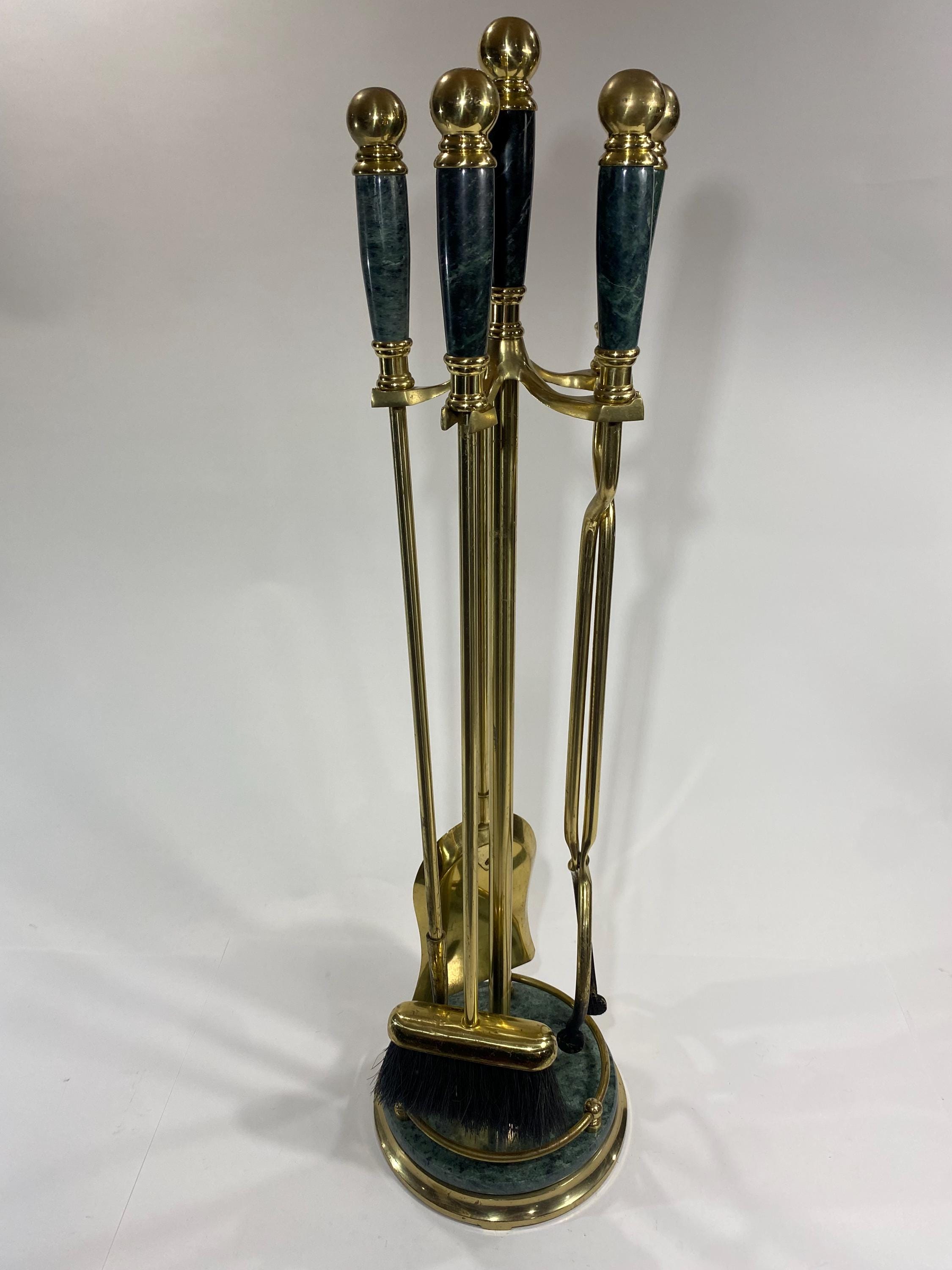 Set of Vintage Fireplace Tools – Gold Finish, Green Marble Handles