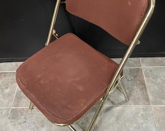 Vintage MCM Folding Chair Brass Gold Frame Brown Fabric Seat