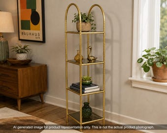 May include: A tall, four-tier shelving unit with a gold-toned metal frame and arched top. The unit features four square shelves made of dark, reflective glass. The frame has a textured, hammered finish, and the structure is open on all sides.