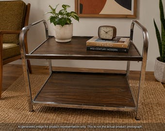 Mid Century Style TV Stand Coffee Table With Woodgrain Shelves Chrome Metal Frame Vintage
