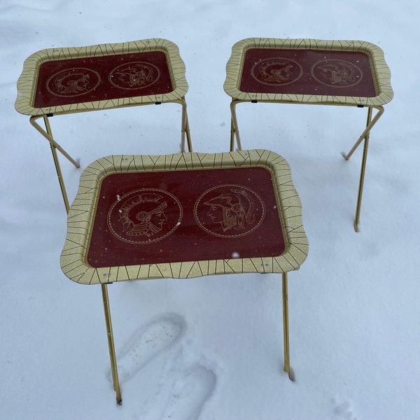 Set of 3 Folding TV Tray, Metal Snack Tables, Vintage Brown Beige Roman Picture  MCM Mid