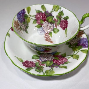 Vintage Aynsley Cup and Saucer Hydrangea Design, Green Edge Rare