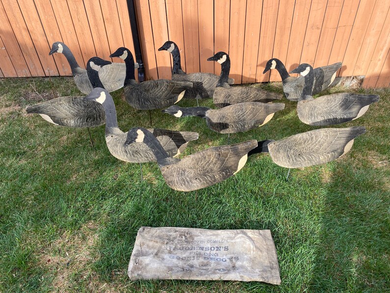 Vintage shops Johnson's Folding Goose Decoys 11 Decoys With Stakes Used and Weathered
