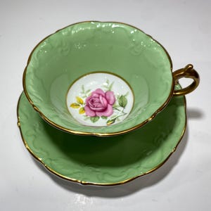 Paragon Fine Bone China England - Vintage Tea Cup and Saucer - Embossed Flower Shaped Cup - Green with Single Pink Cabbage Rose