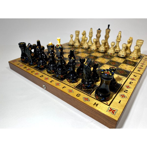 Vintage Wood Chess Set Floral Fold Up Portable Game 12" x12"