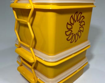 Vintage Tupperware Golden Sun Harvest Square Away Stacking Lunch