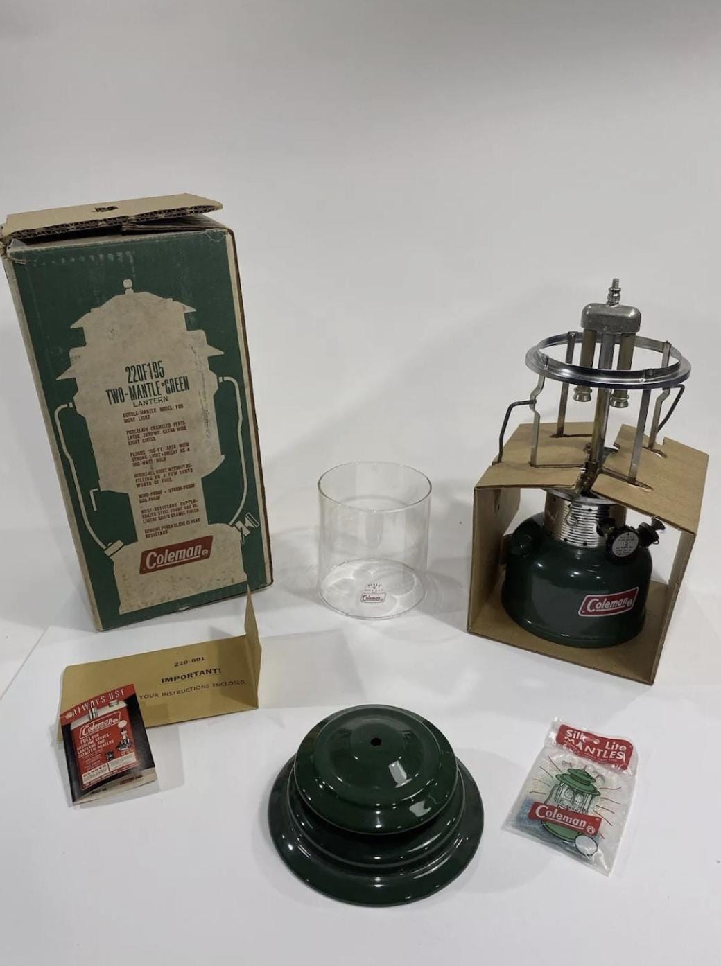 New Coleman 220F195 Two-Mantle Lantern (1972), Box Wear, Slight Wear on Bottom Rim