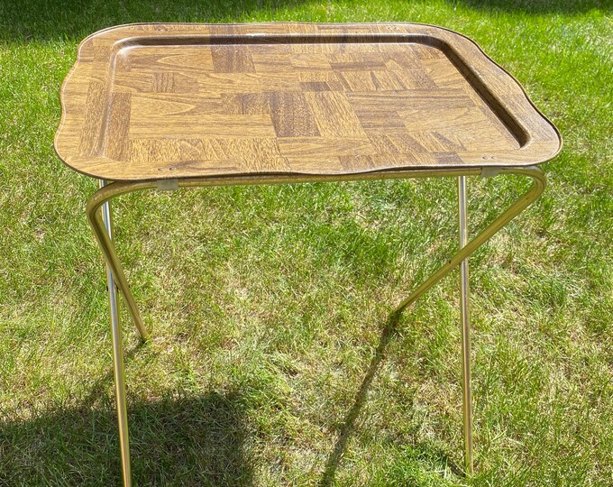 TV Snack Tray, Metal Vintage Folding, Brown Wood Grain Checker Decor